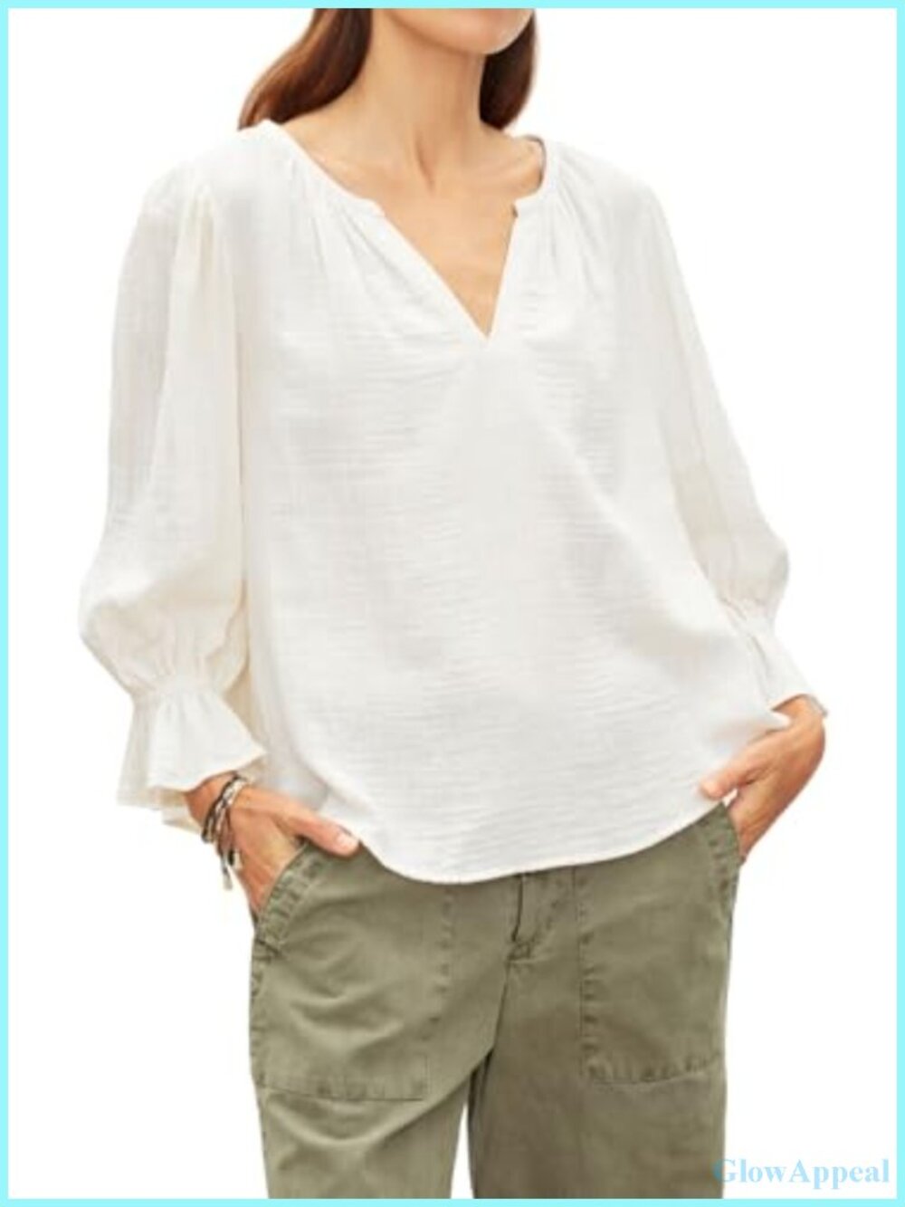 Cotton Gauze Blouse V-Neck Bishop Sleeve Tunic Top Casual Vacation